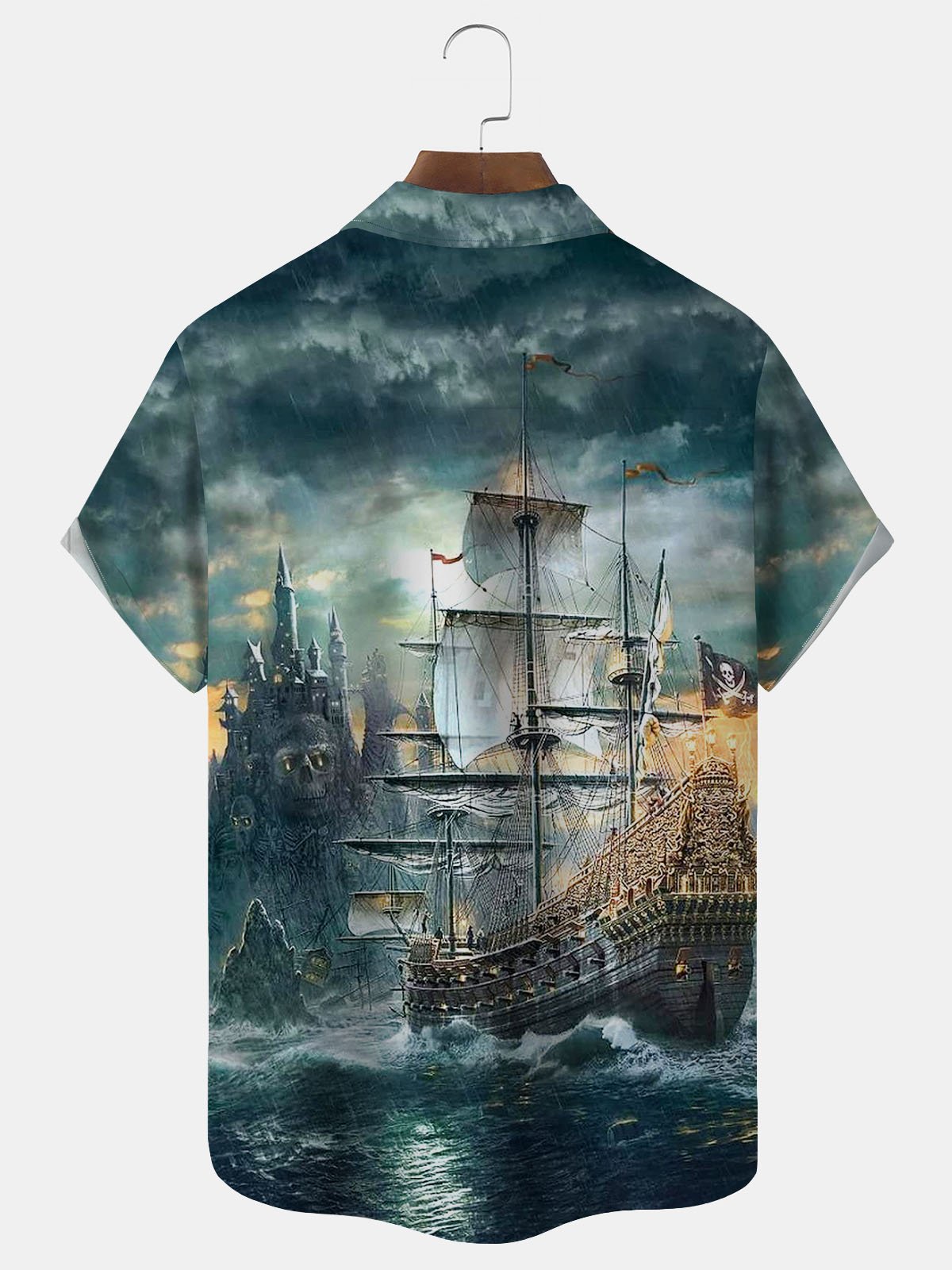 Royaura Vintage Nautical Pirate Ship Print Men's Button Pocket Shirt