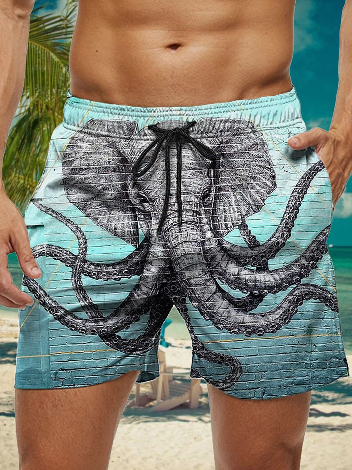 Royaura Hawaiian Elephant Octopus Print Men's Quick Dry Beach Trunks Swim Trunks