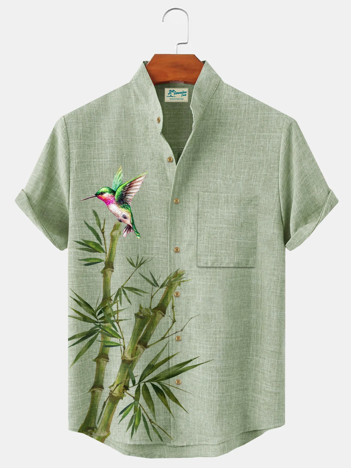 Royaura Vintage Beach Holiday Light Green Men's Stand Collar Shirts Bamboo Parrot Stretch Plus Size Aloha Camp Shirts