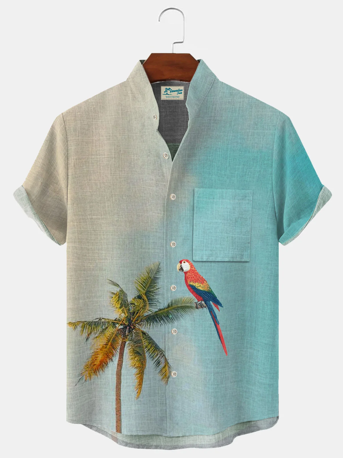 Royaura Hawaiian Gradient Parrot Coconut Tree Print Men's Button Pocket Stand Collar Shirt