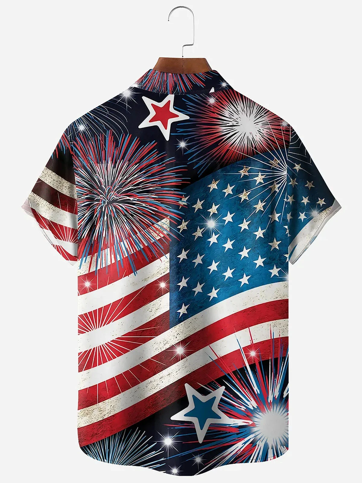 Royaura Flag Gnome Fireworks Print Men's Stand Collar Button Pocket Shirt
