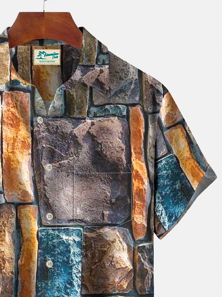 Royaura Vintage Stone Landscape Print Beach Men's Hawaiian Oversized Shirt with Pockets