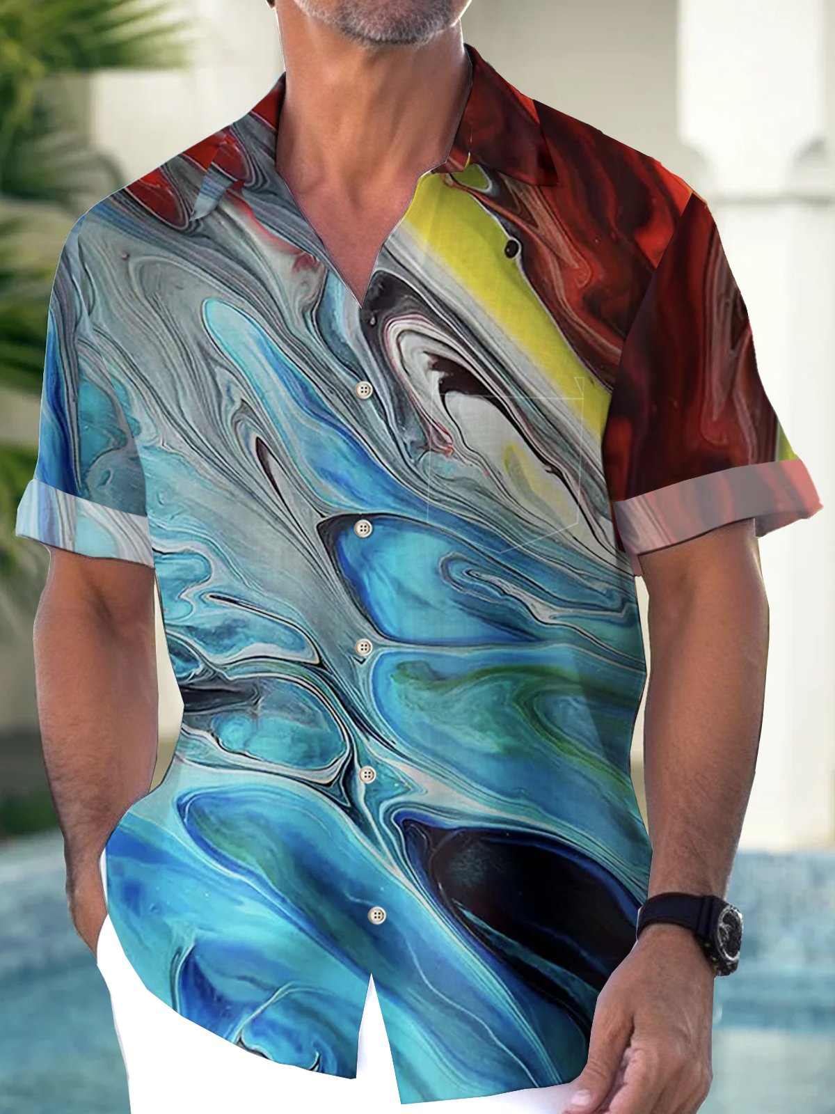 Royaura Colorful Gradient Print Beach Men's Hawaiian Plus Size Shirt with Pocket