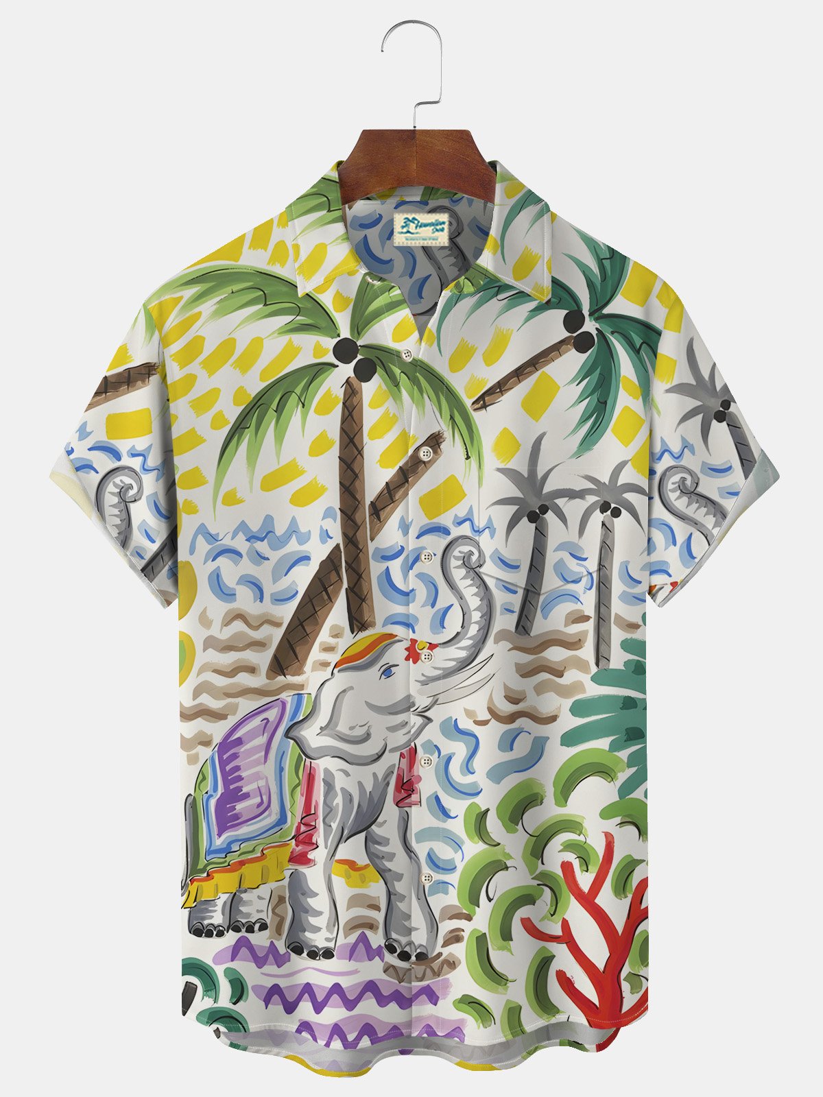 Royaura Beach Holiday Yellow Men's Hawaiian Shirts Coconut Tree Elephant Wrinkle Free Seersucker Aloha Pocket Camp Shirts
