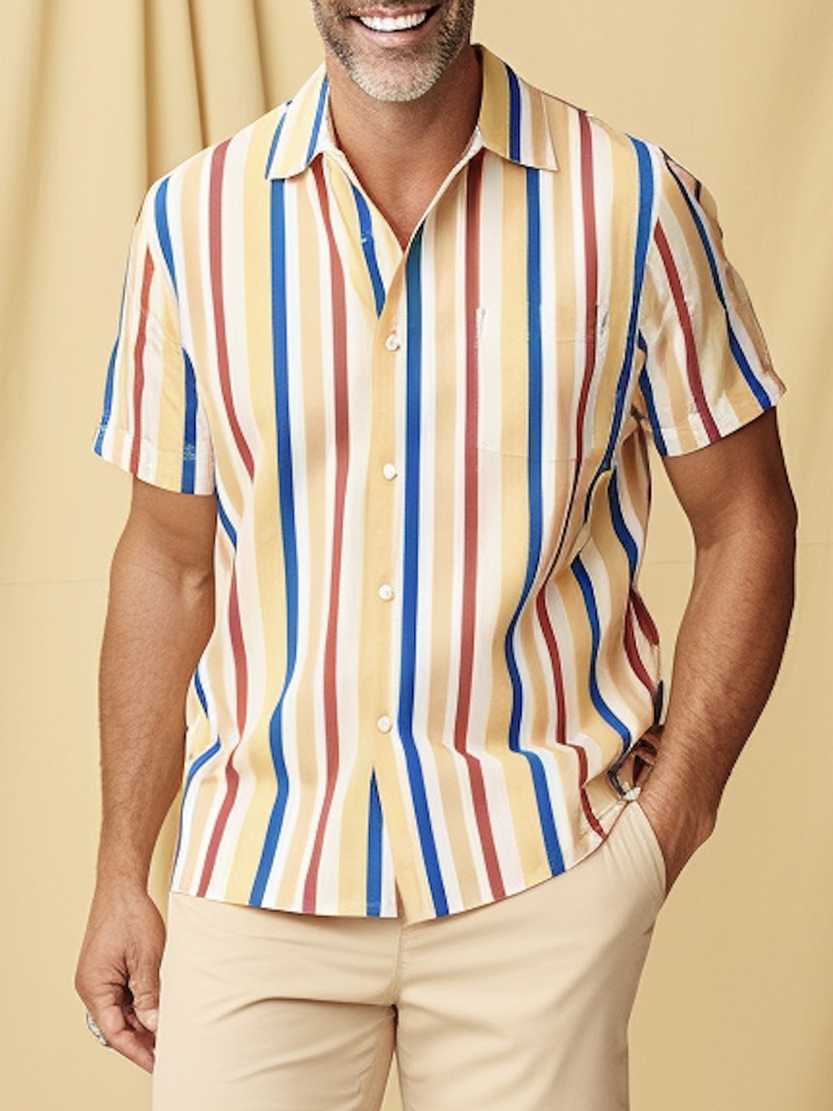 Royaura Vintage Casual Striped Men's Shirts Art Stretch Plus Size Aloha Camp Shirts