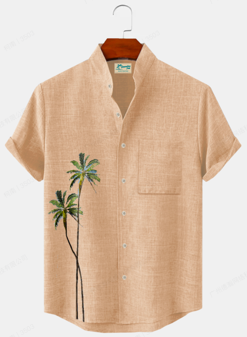 Royaura Natural Fiber Hawaiian Coconut Tree Print Stand Collar Men's Button Pocket Shirt