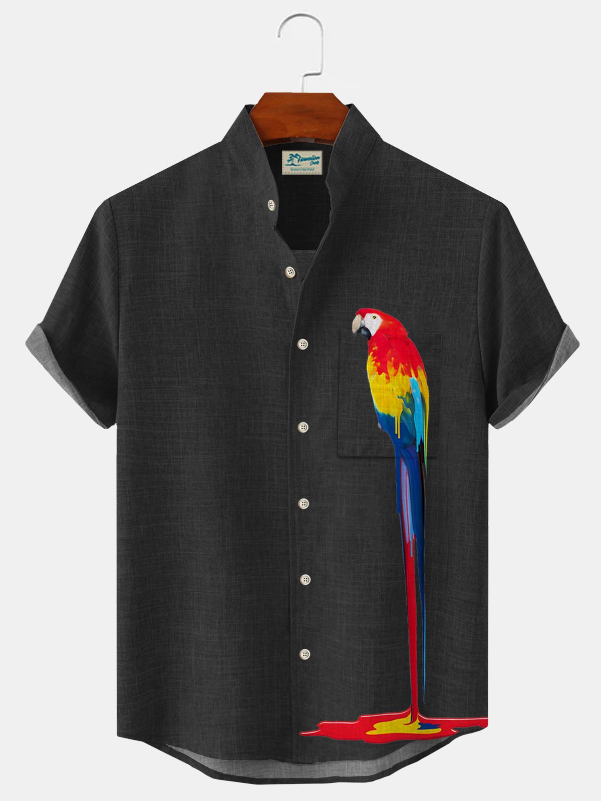 Royaura Hawaiian Parrot Print Men's Stand Collar Button Pocket Shirt