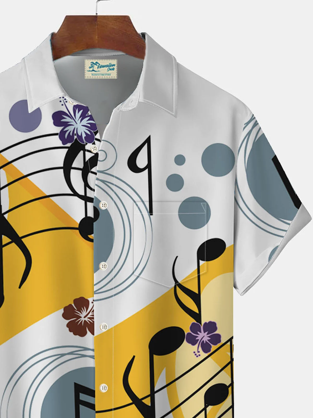 Royaura Music Note Print Men's Button Pocket Short Sleeve Shirt
