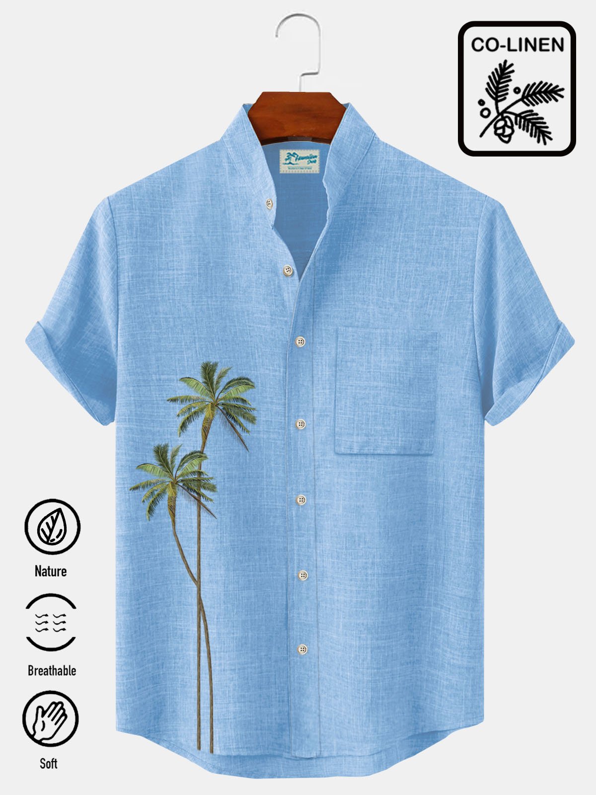Royaura Natural Fiber Hawaiian Coconut Tree Print Stand Collar Men's Button Pocket Shirt