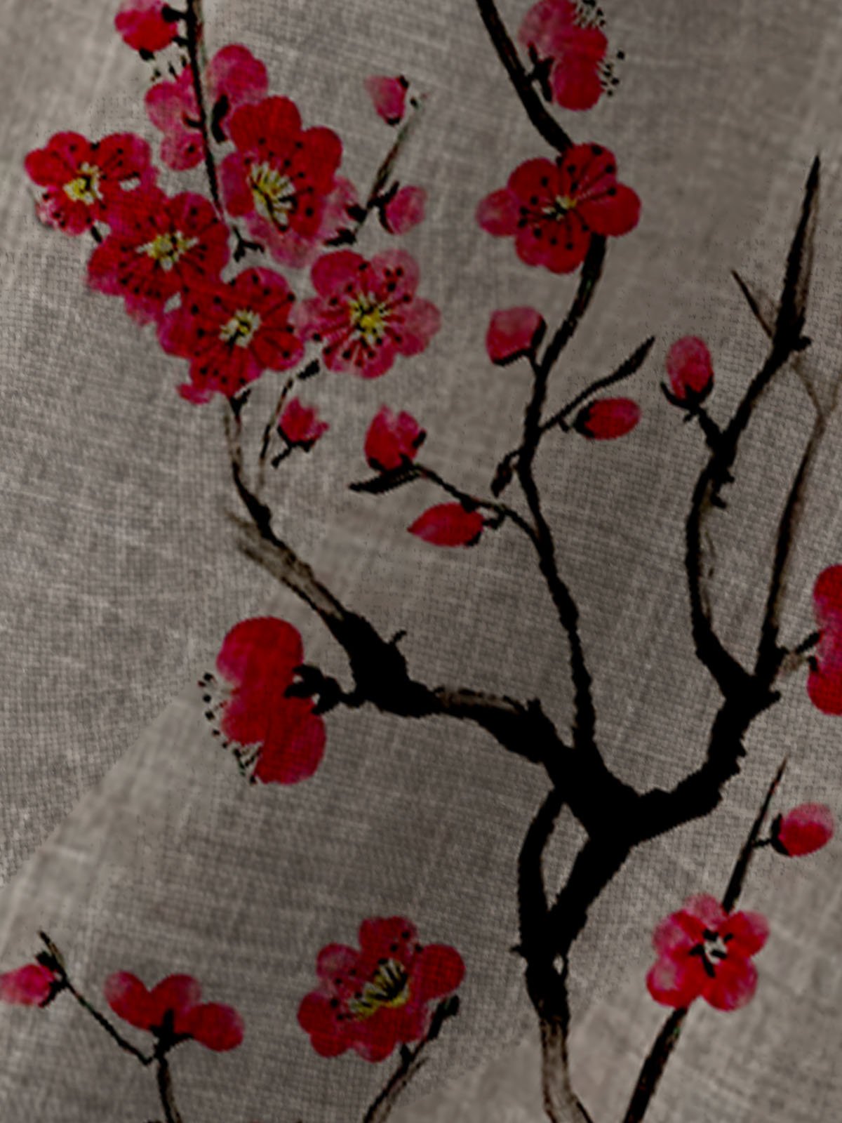 Royaura Natural Fiber Vintage Japanese Plum Blossom Printed Stand Collar Men's Button Pocket Shirt