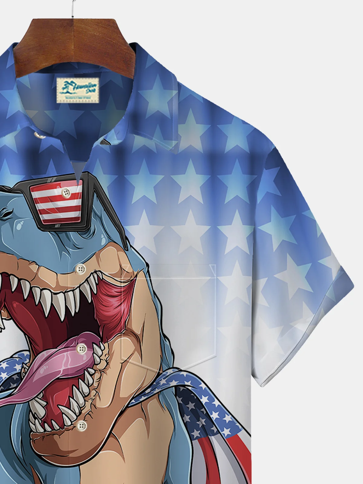 Royaura American Flag Independence Day 4th July Dinosaur Print Men's Hawaiian Oversized Shirt with Pockets