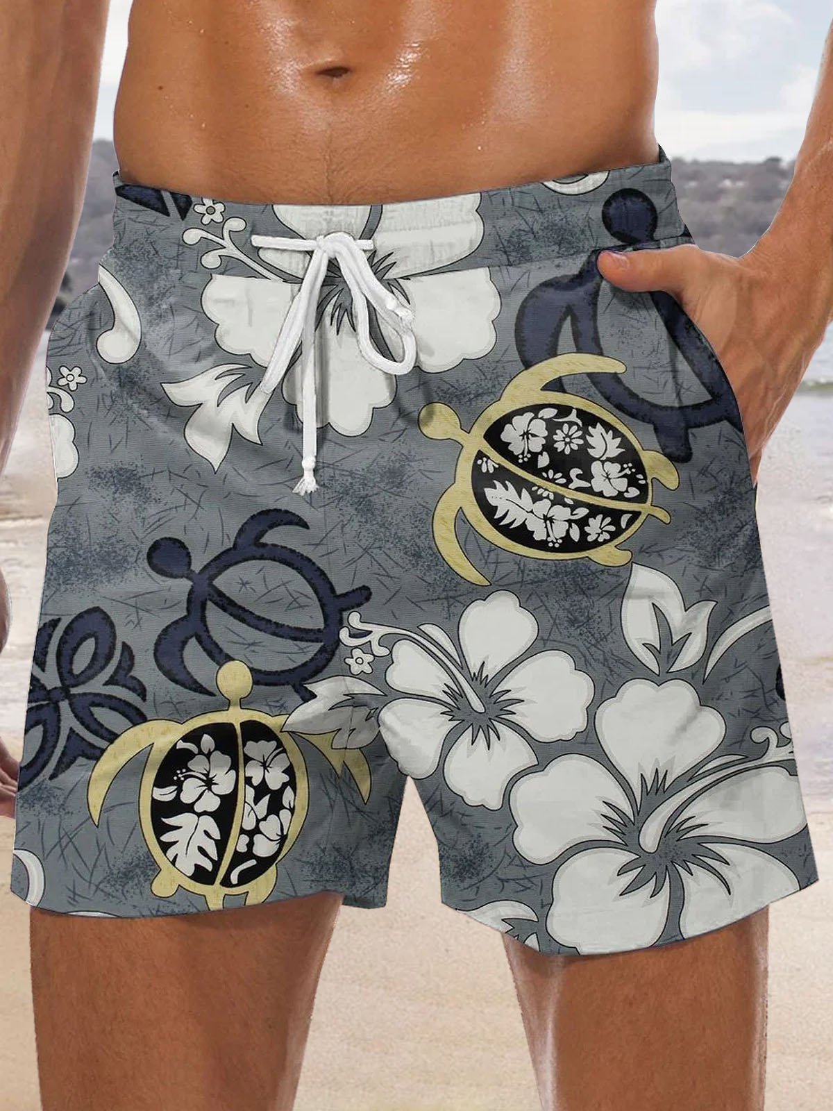 Royaura Hawaiian Turtle Floral Print Men's Board Shorts Swim Trunks