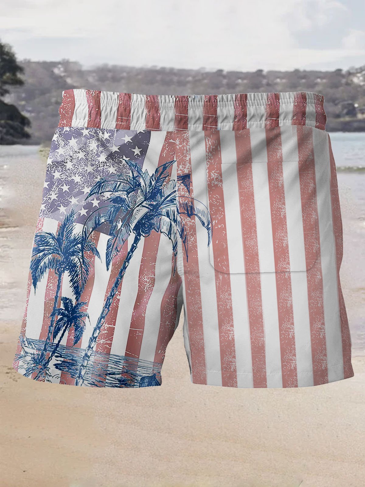 Royaura Hawaiian Coconut Tree Flag Print Men's Beach Shorts Swim Trunks