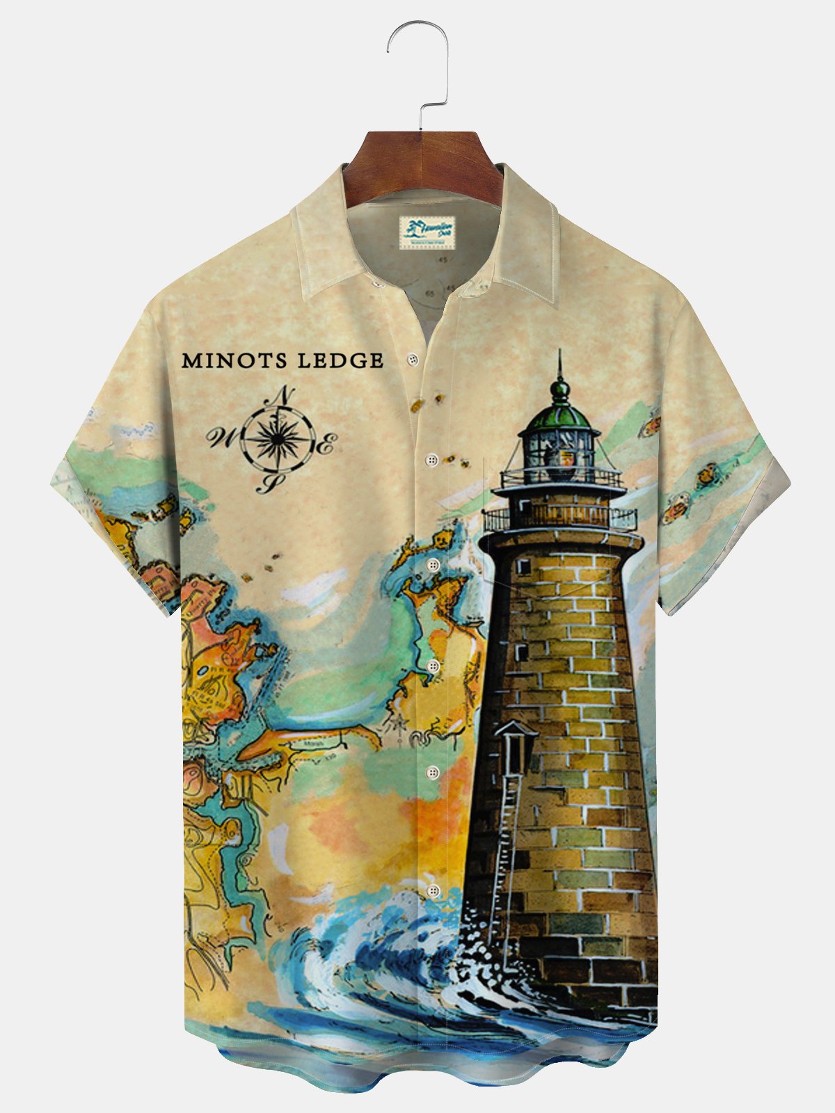 Royaura 50's Vintage Nautical Men's Hawaiian Shirts Lighthouse Art Seersucker Wrinkle Free Camp Shirts