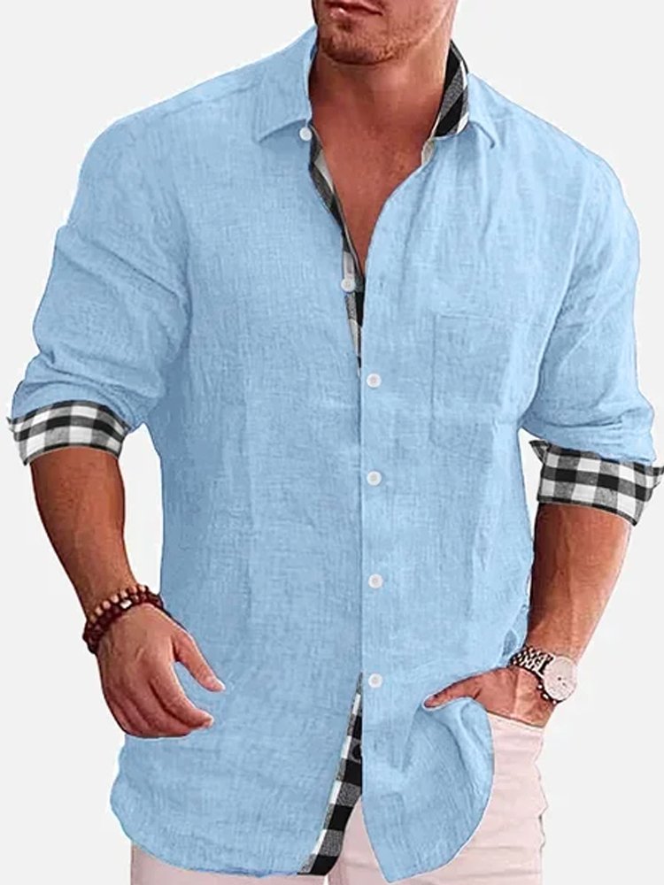 Men's Cotton Linen Casual Simple Plaid Contrast Print Lapel Long Sleeve Shirt