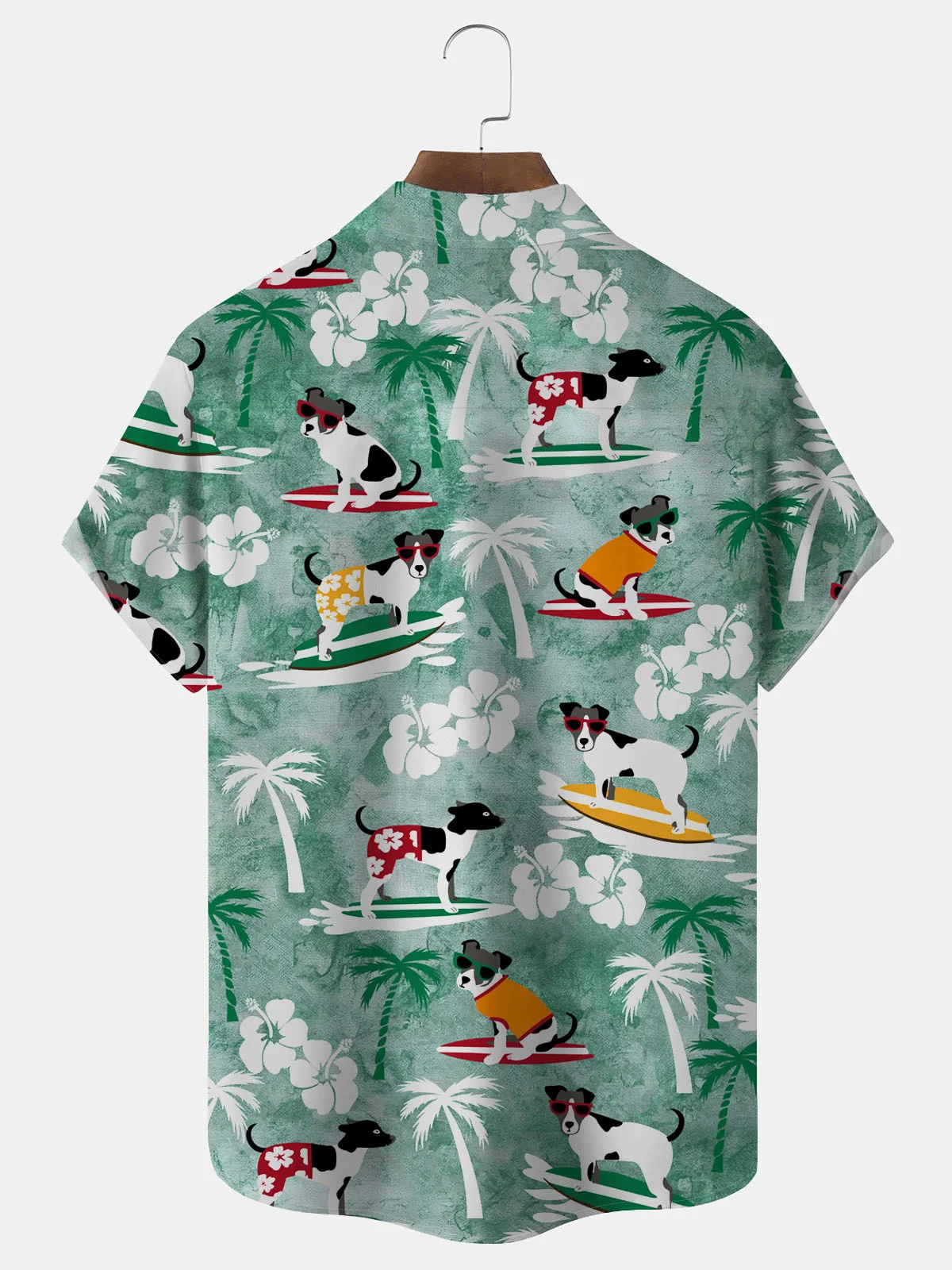 Royaura Hawaiian Coconut Tree Dog Surf Green Print Men's Button Down Pocket Shirt