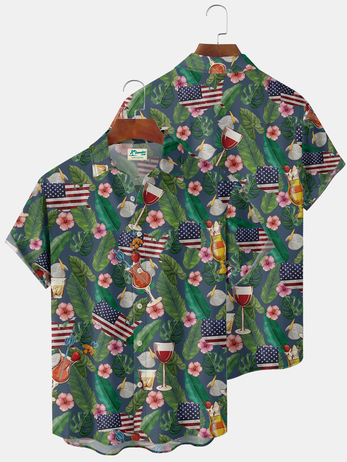 Royaura Beach Holiday Green Men's Hawaiian Shirts American Flag Stretch Plus Size Aloha Camp Pocket Shirts