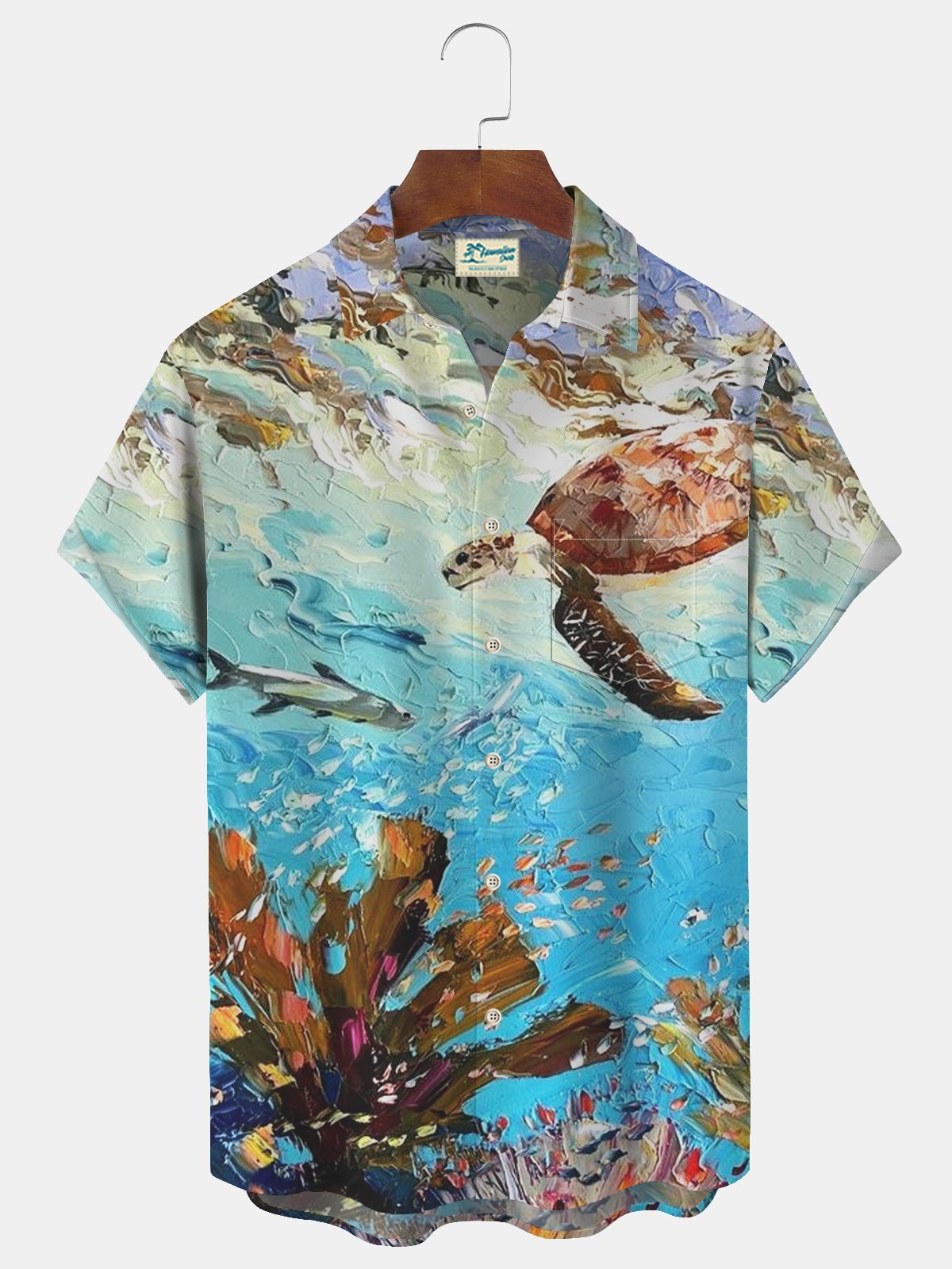 Royaura Nautical Turtle Print Beach Men's Hawaiian Oversized Pocket Shirt