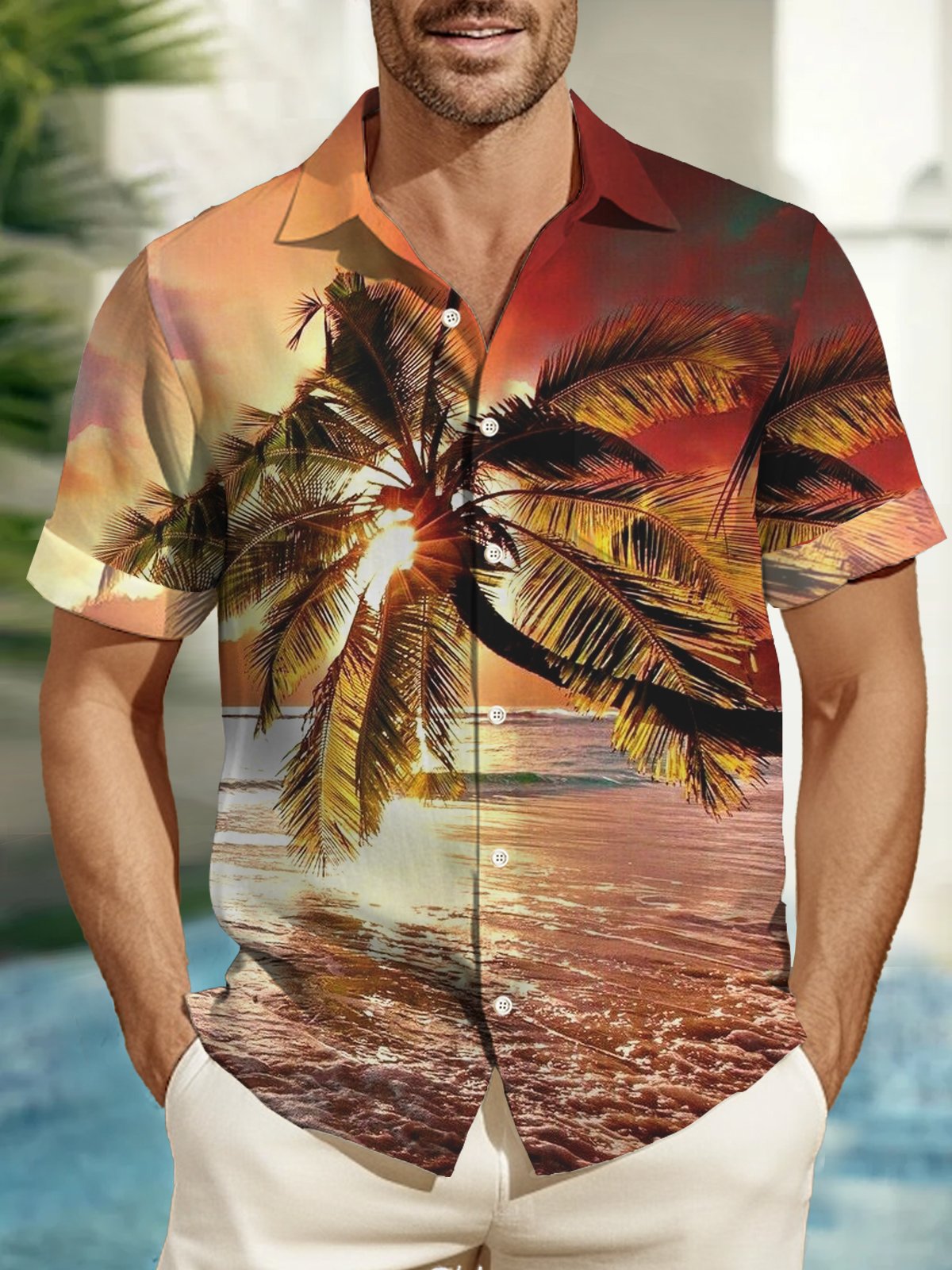 Royaura Sunset Beach Coconut Tree Print Beach Men's Hawaiian Oversized Shirt with Pockets