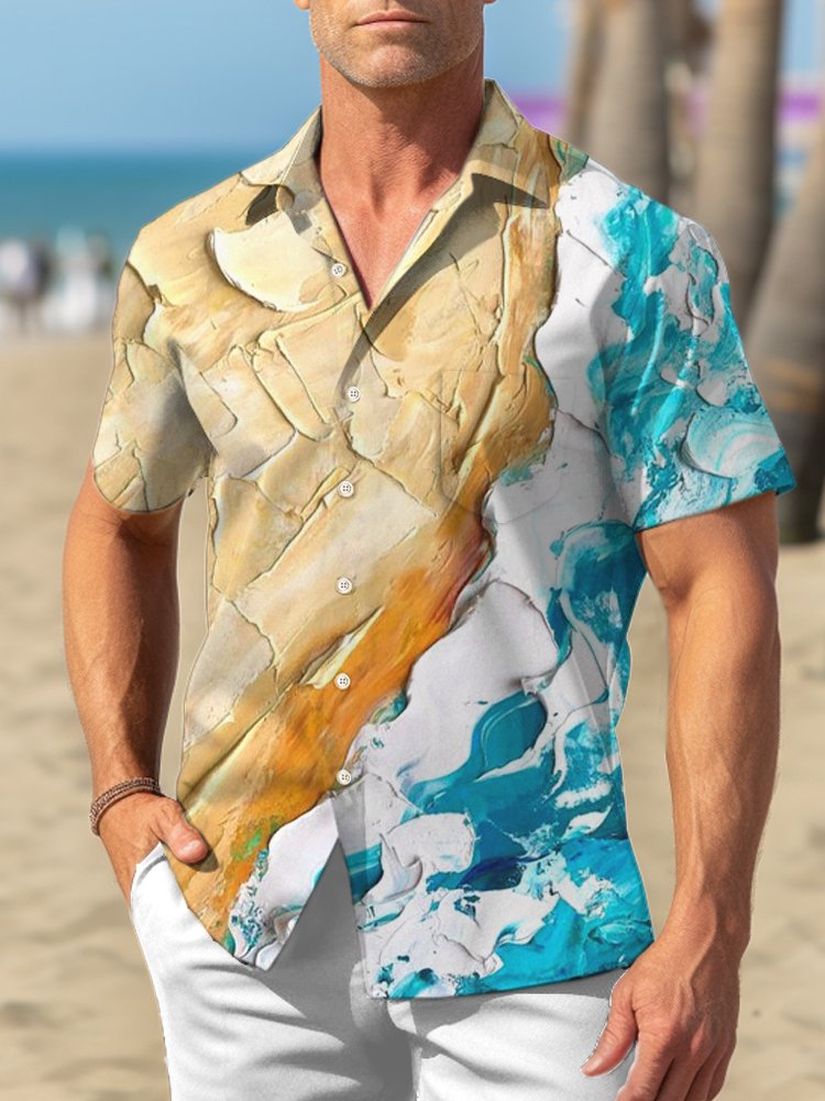 Royaura Beach Print Men's Hawaiian Oversized Short Sleeve Shirt with Pockets