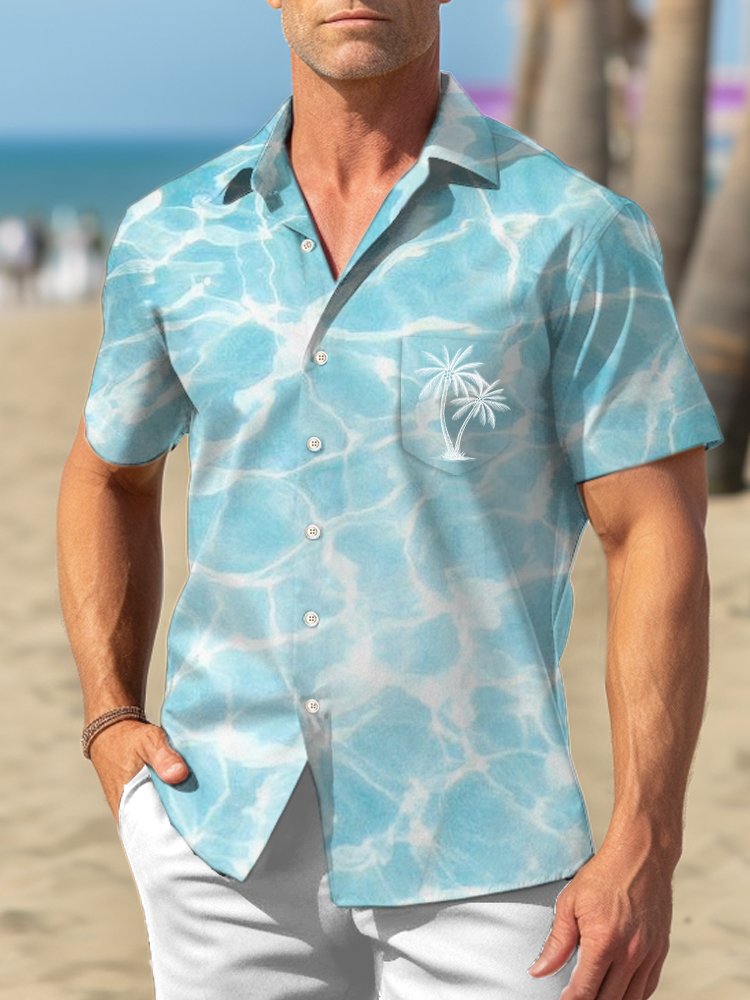 Royaura Water Ripple Print Beach Men's Hawaiian Oversized Shirt with Pockets Wrinkle Free Shirt