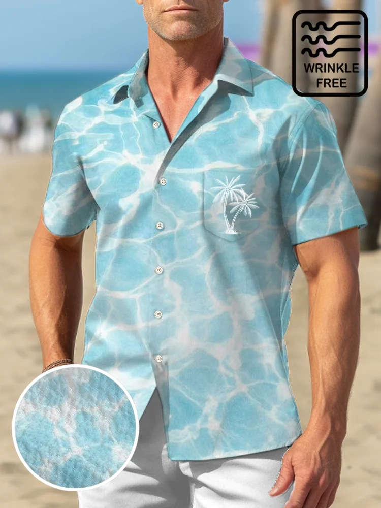 Royaura Water Ripple Print Beach Men's Hawaiian Oversized Shirt with Pockets Wrinkle Free Shirt