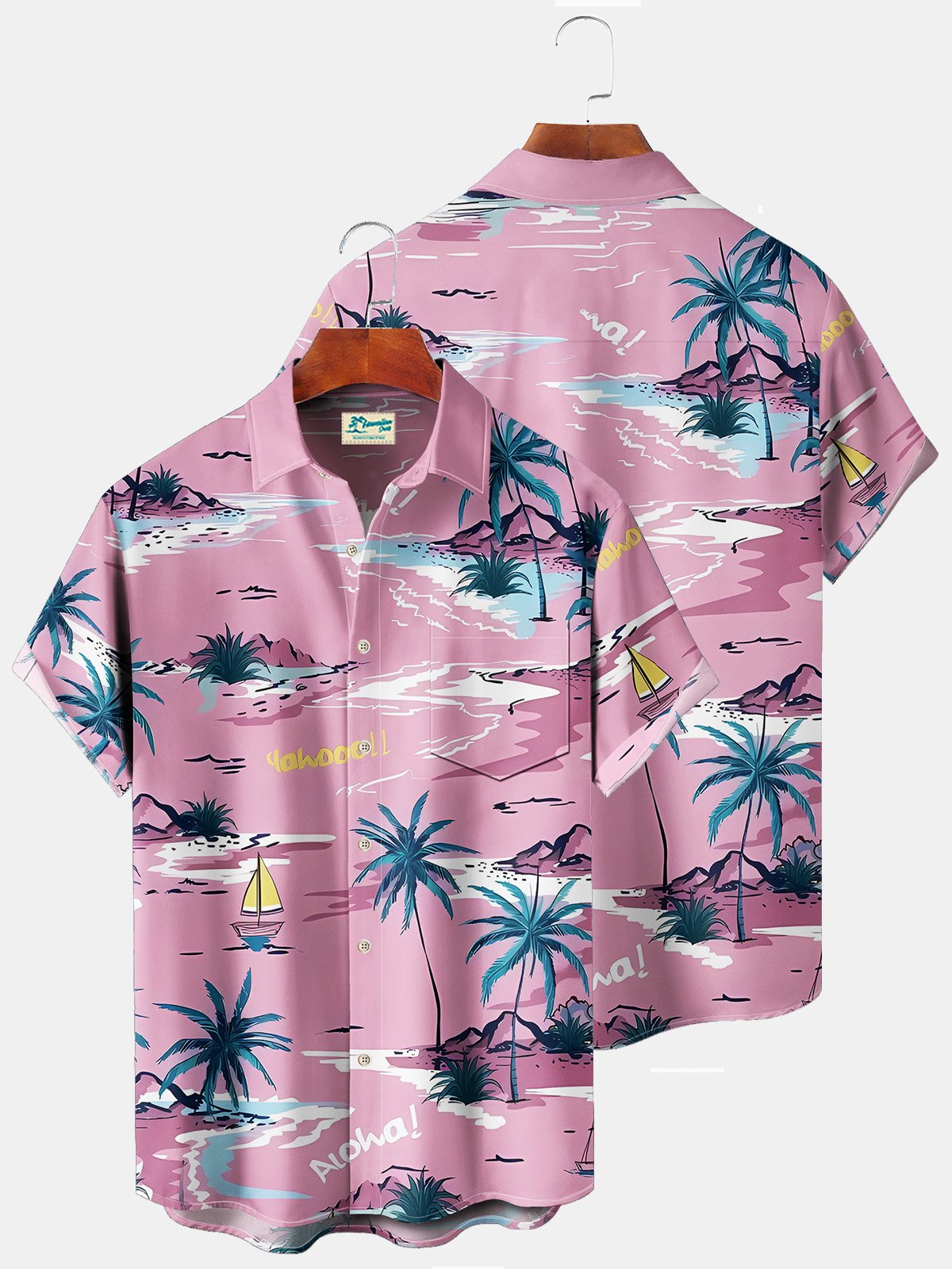 Royaura Beach Vacation Pink Men's Hawaiian Shirts Island Coconut Tree Art Stretch Plus Size Aloha Holiday Camp Shirts