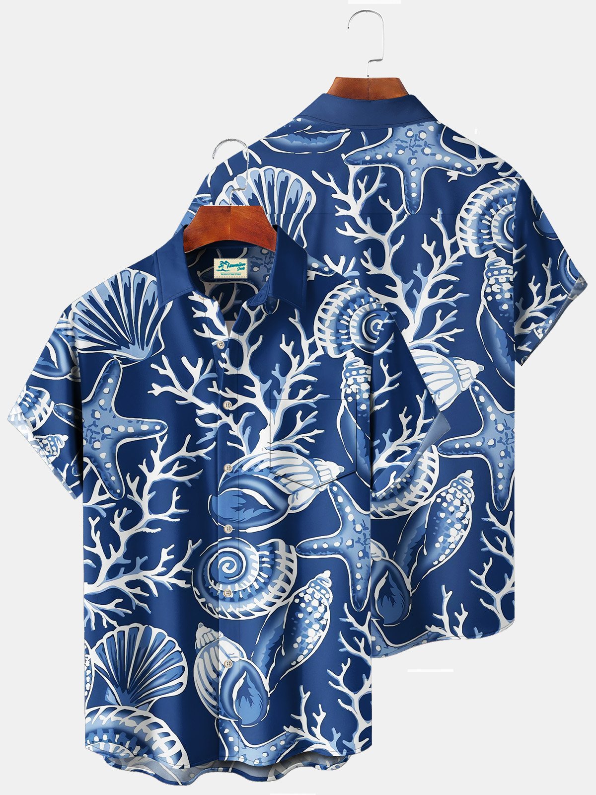 Royaura Beach Vacation Men's Blue Hawaiian Shirts Ocean Coral Starfish Stretch Plus Size Aloha Camp Shirts