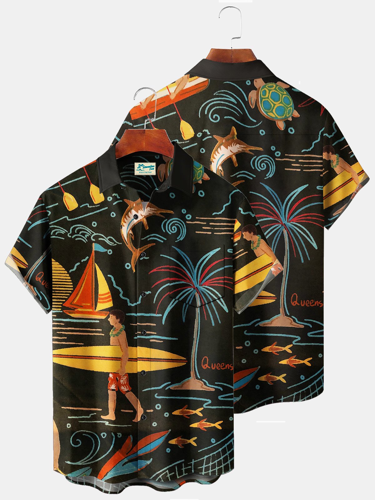 Royaura Beach Vacation Men's Black Hawaiian Shirt Surf Art Cartoon Stretch Plus Size Aloha Camp Shirts
