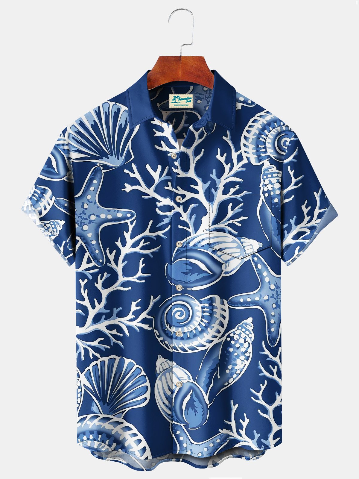 Royaura Beach Vacation Men's Blue Hawaiian Shirts Ocean Coral Starfish Stretch Plus Size Aloha Camp Shirts