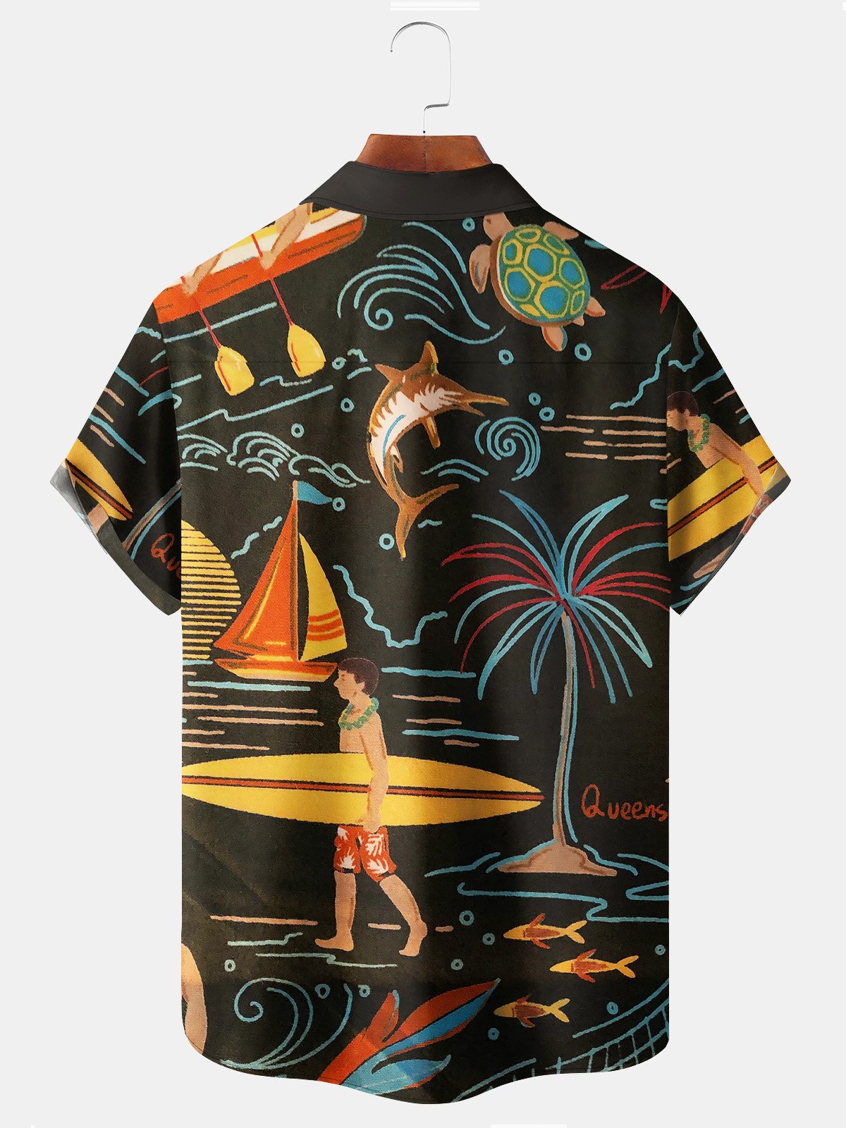 Royaura Beach Vacation Men's Black Hawaiian Shirt Surf Art Cartoon Stretch Plus Size Aloha Camp Shirts
