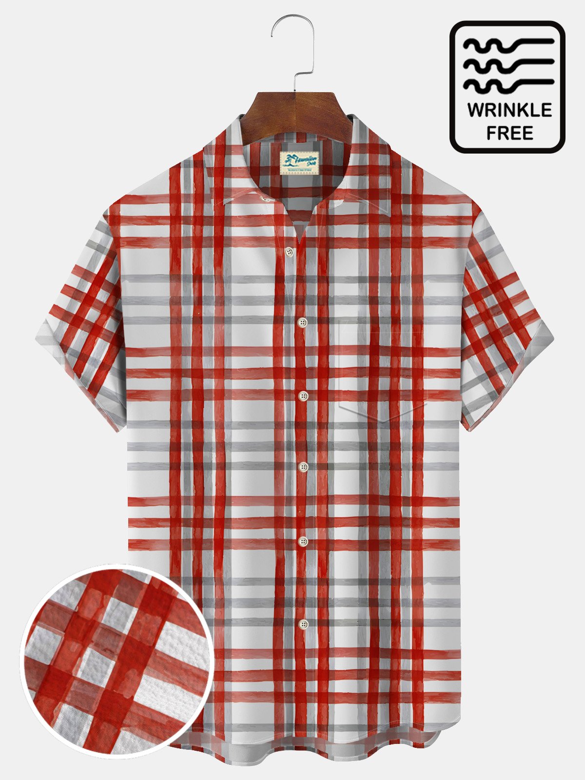 Royaura Holiday Casual Red Check Seersucker Men's Short Sleeve Shirts Wrinkle-Free Stretch Aloha Pocket Shirts