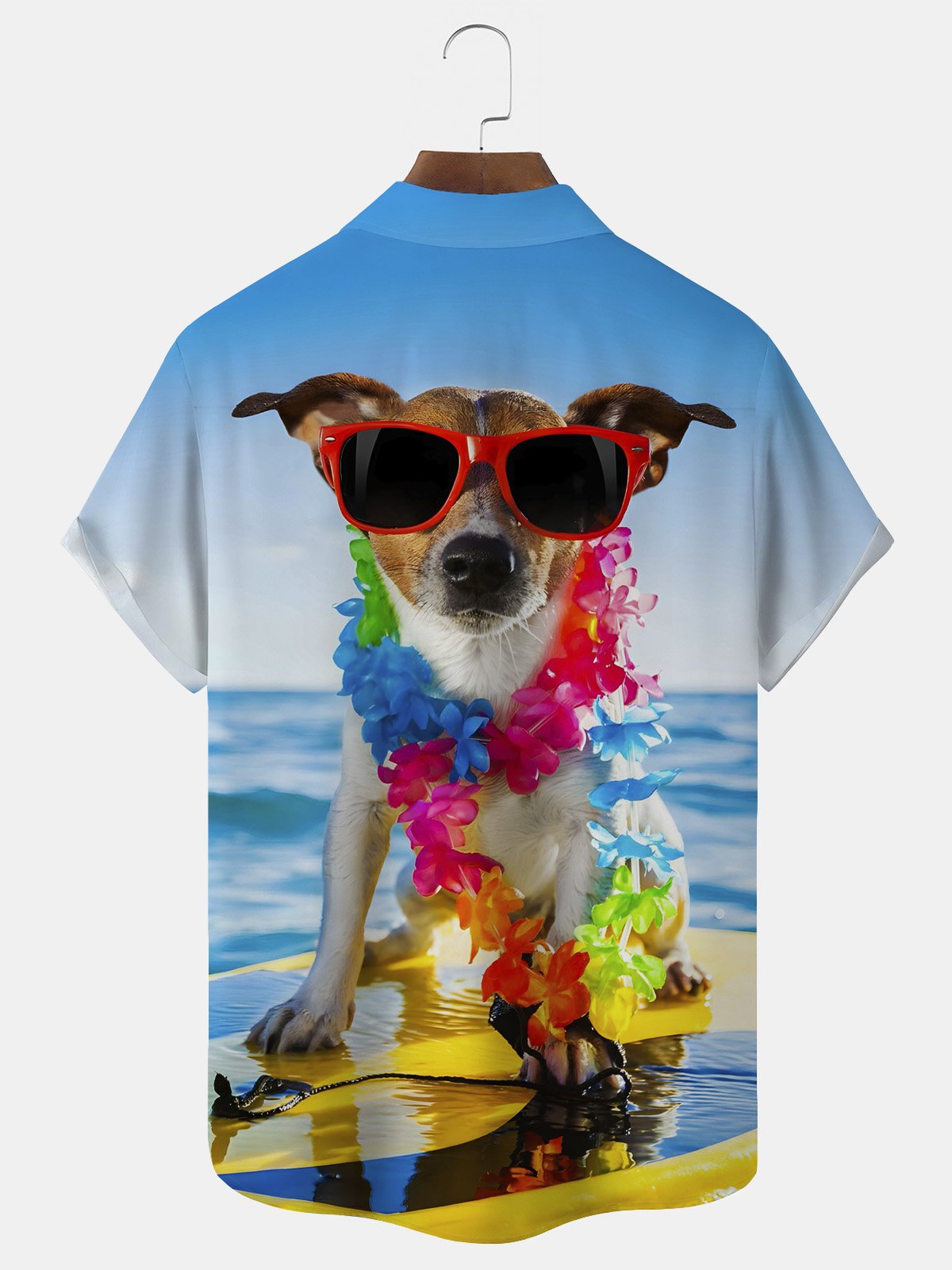 Royaura Holiday Beach Puppy Surfboard Blue Men's Hawaiian Shirts Stretch Oversized Camp Pocket Vacation Shirts