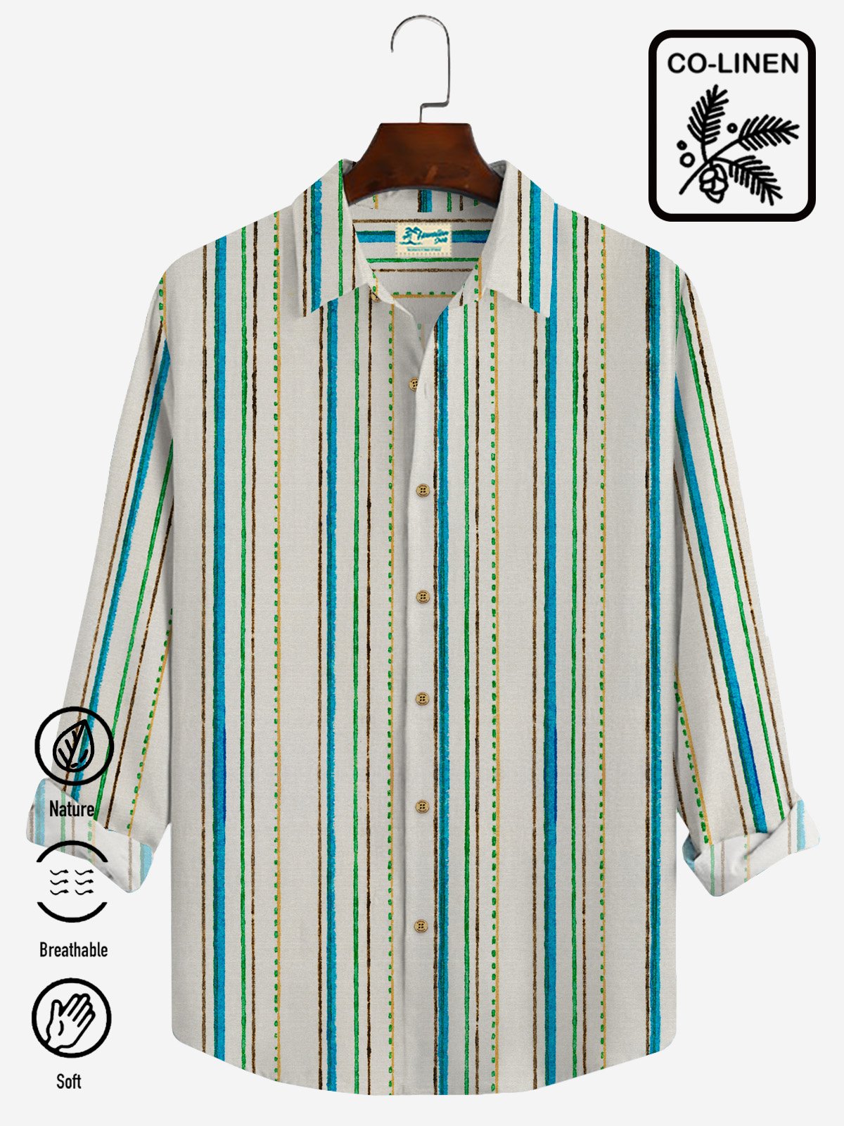 Royaura Holiday Basics Off White Men's Gradient Stripe Long Sleeve Shirts Aloha Camp Casual Button Down Shirts