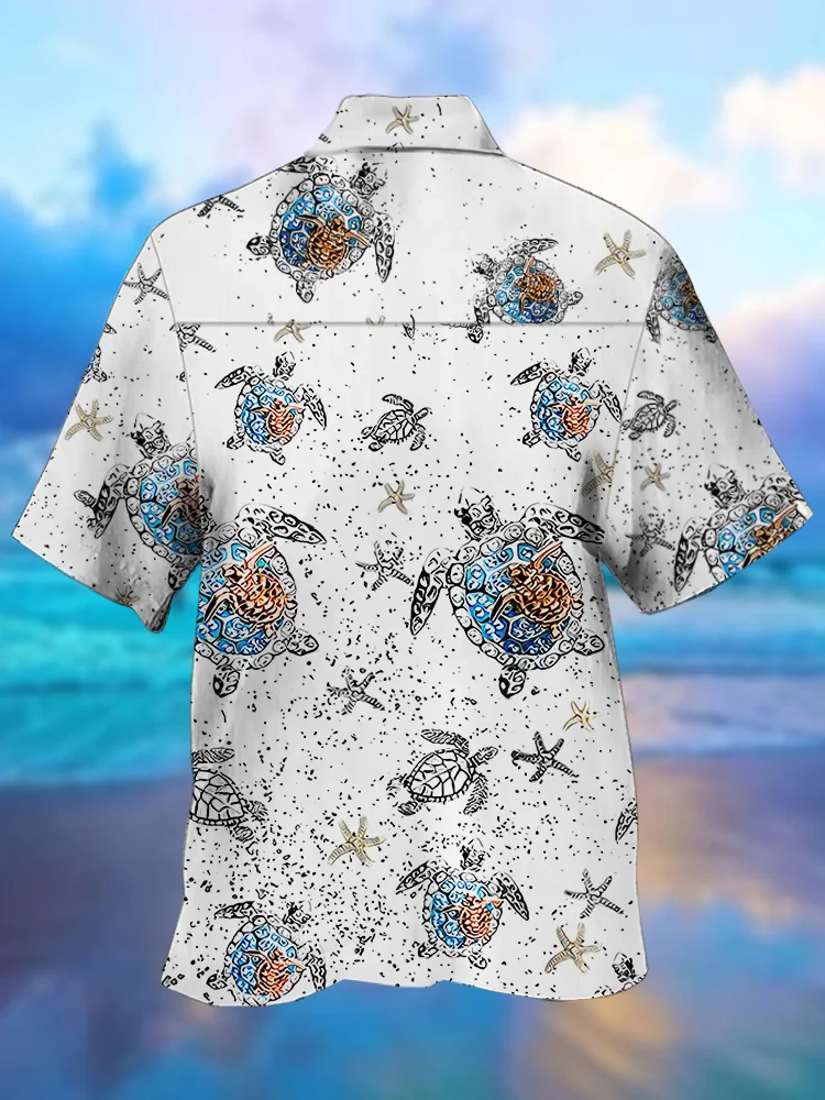 Royaura Sea Turtle Print Beach Men's Hawaiian Oversized Shirt with Pockets
