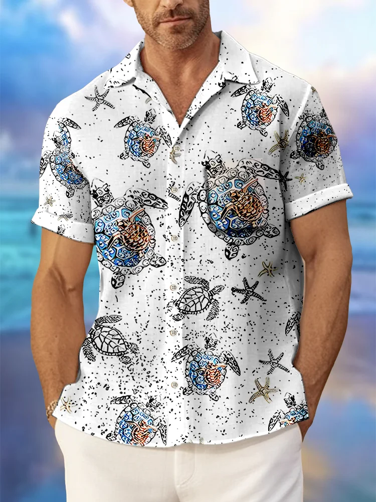 Royaura Sea Turtle Print Beach Men's Hawaiian Oversized Shirt with Pockets
