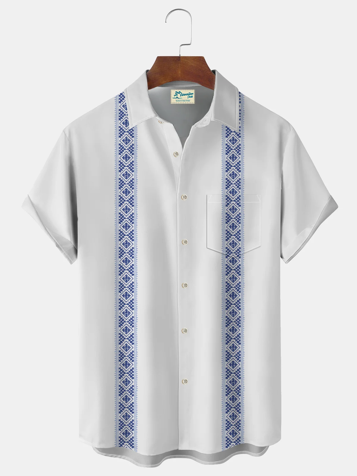 Royaura Vintage Bowling Ethnic Print Beach Men's Hawaiian Oversized Pocket Shirt