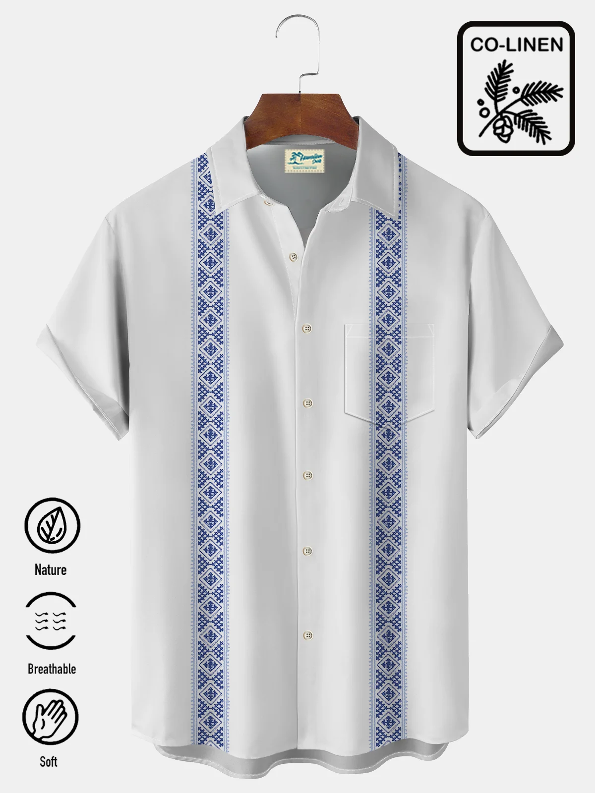 Royaura Vintage Bowling Ethnic Print Beach Men's Hawaiian Oversized Pocket Shirt