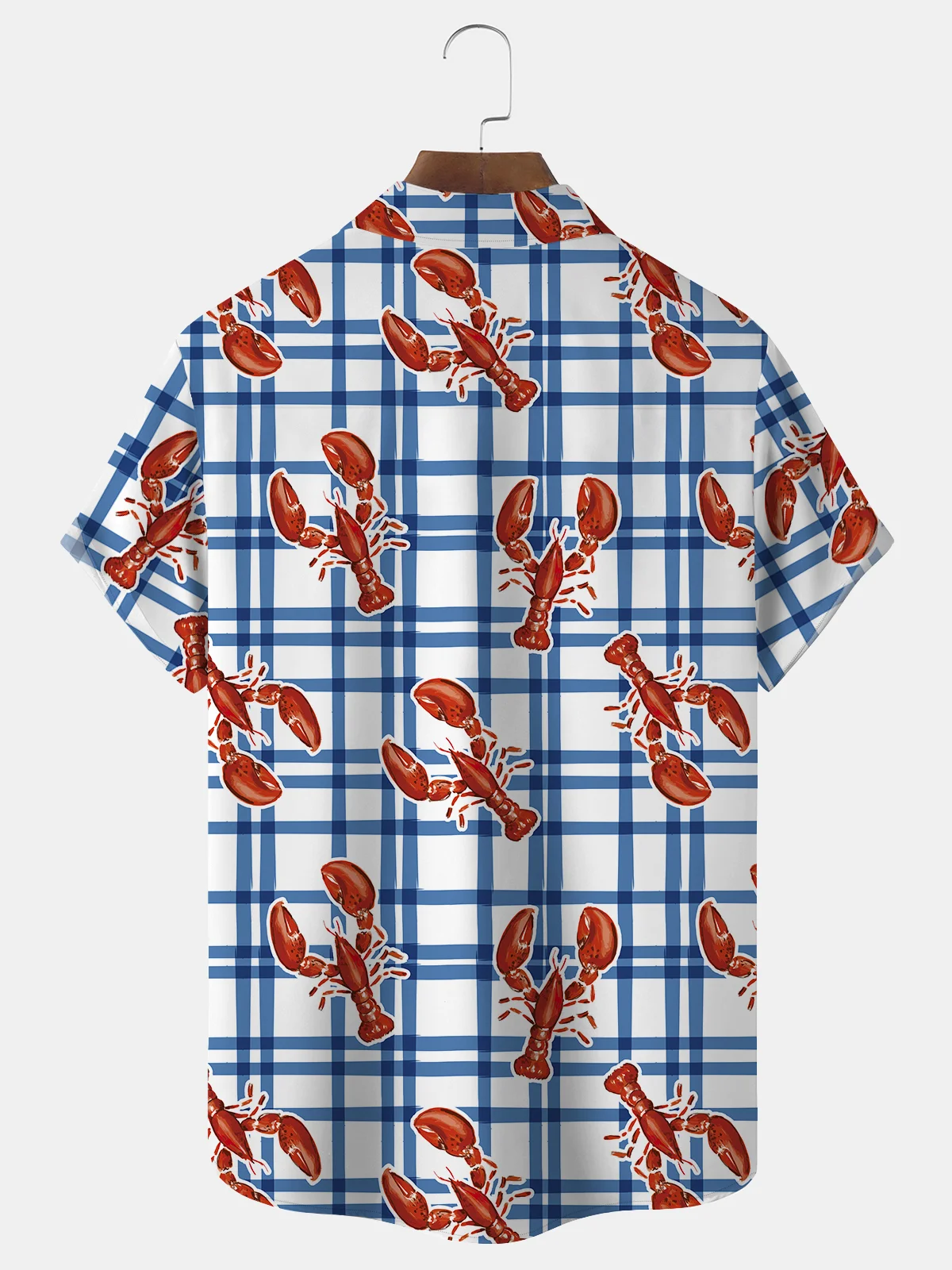 Royaura Plaid Lobster Print Beach Men's Hawaiian Oversized Shirt with Pockets