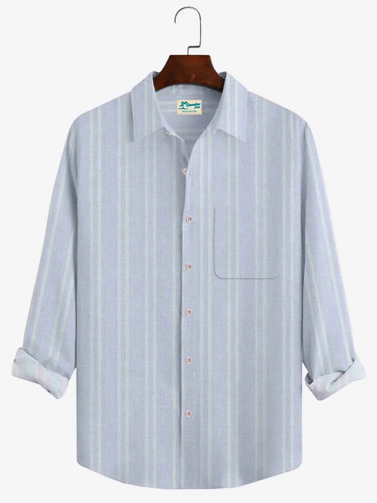 Royaura Holiday Beach Casual Blend Light Blue Men's Long Sleeve Striped Shirts Stretch Plus SIze Camp Pocket Shirts