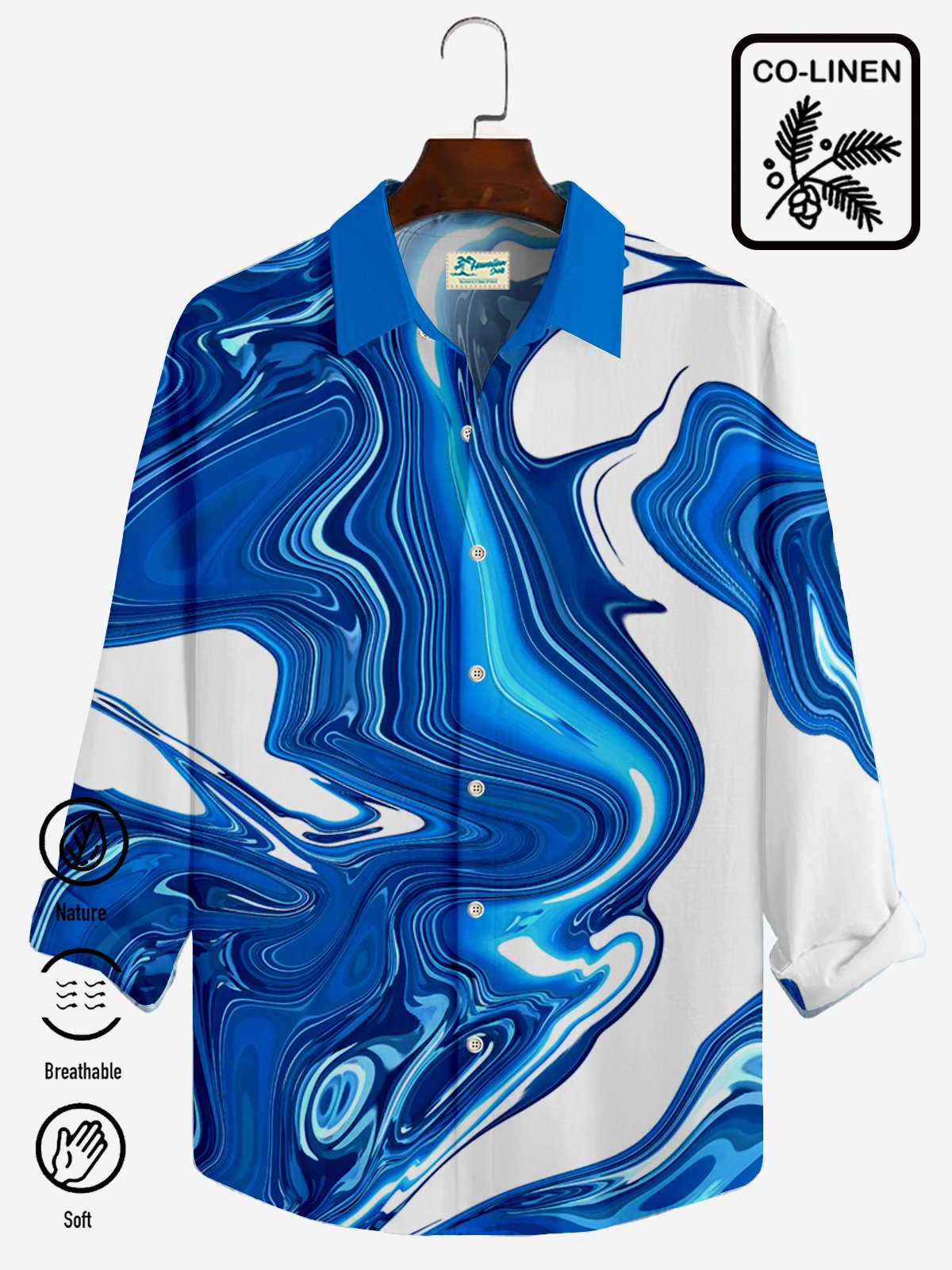 Royaura Wave Texture Print Beach Men's Hawaiian Oversized Shirt with Pockets