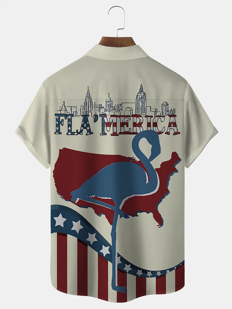 Royaura Flamingo Flag Print Beach Men's Hawaiian Oversized Shirt with Pockets