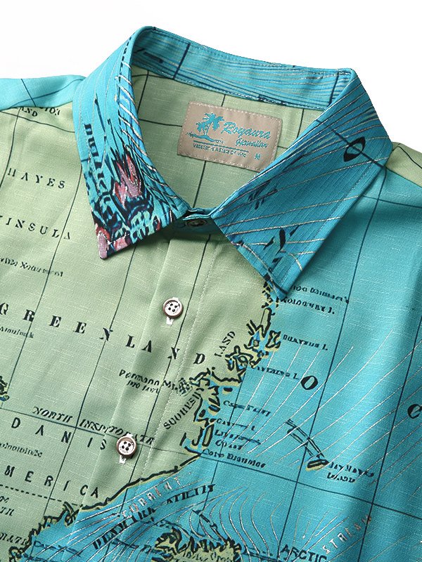 Royaura Natural Fiber Breathable Navigation Map Retro Men's Vacation Hawaii Plus Size Aloha Shirt