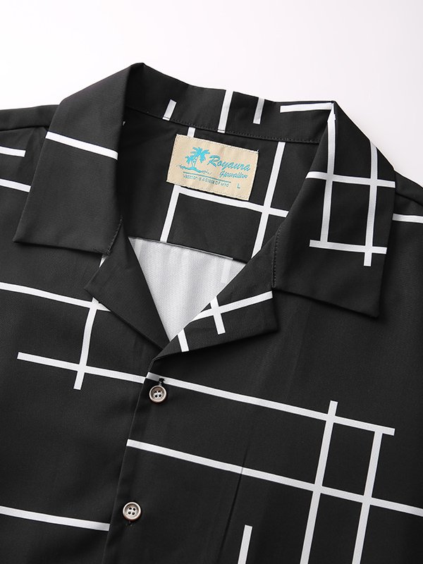 Royaura Men's Black Irregular Geometric Line Print Short Sleeve Shirt