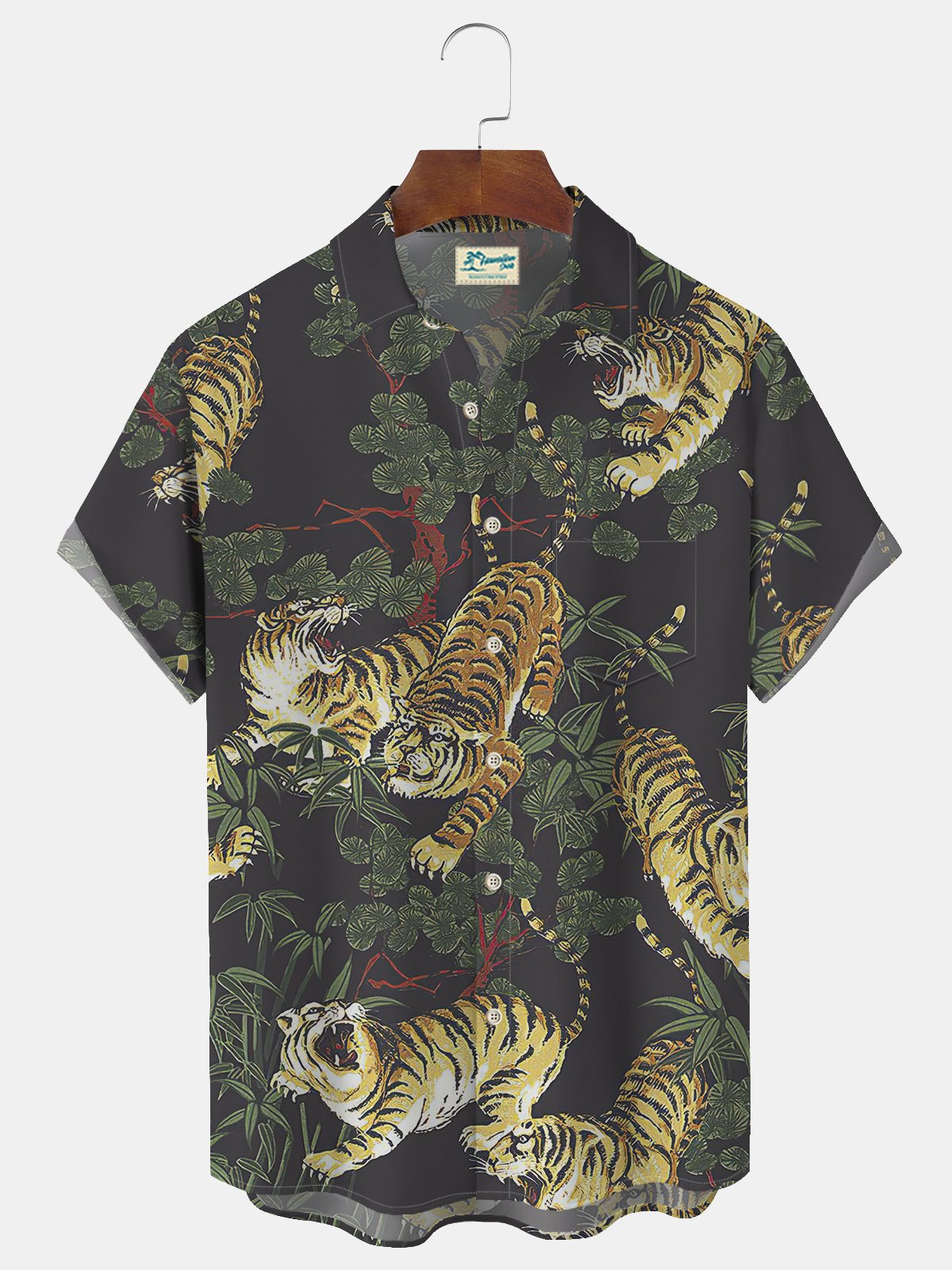 Royaura  Botanical tiger Print Beach Men's Hawaiian  Shirt with Pockets