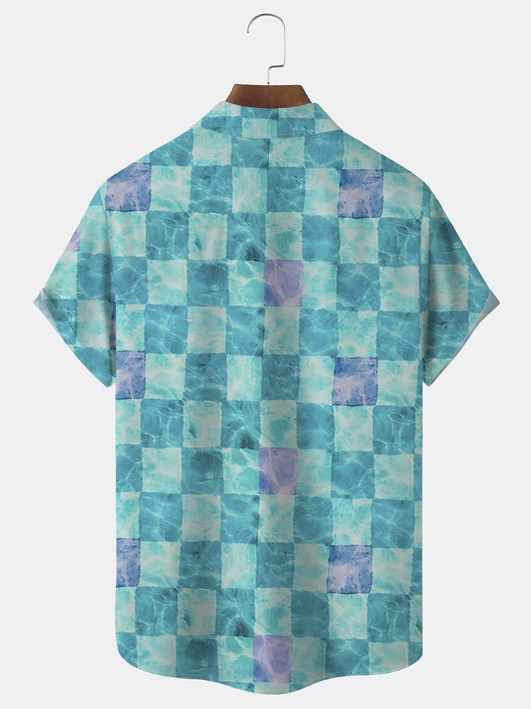 Royaura Water Ripple Checkerboard Print Beach Men's Hawaiian Oversized Shirt with Pockets