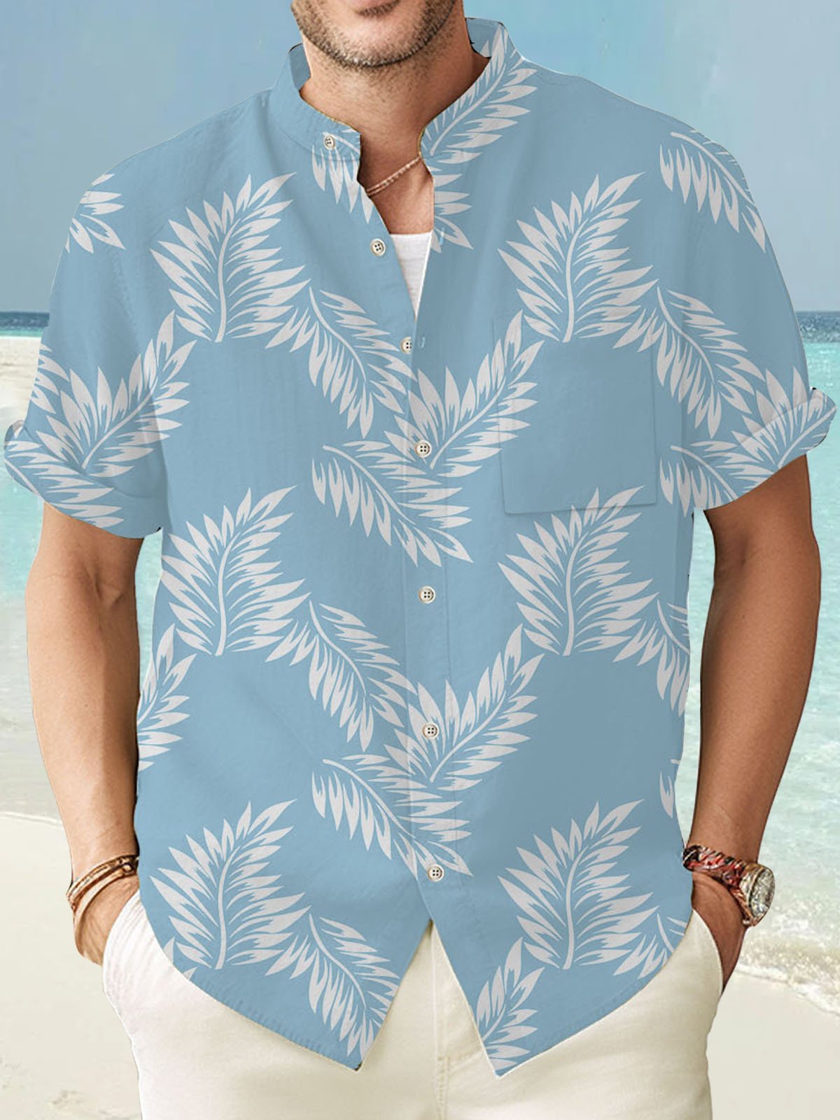 Royaura Hawaiian Leaf Botanical Print Men's Button Pocket Shirt