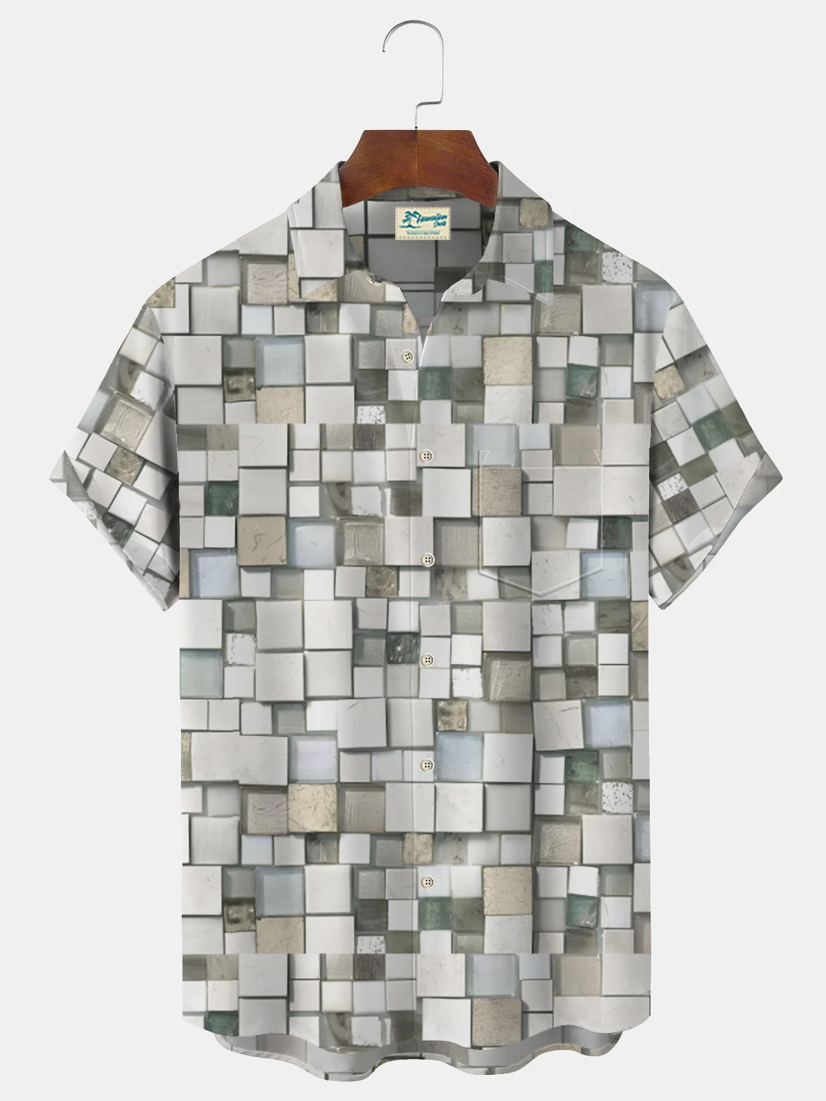 Royaura Geometric Print Beach Men's Hawaiian Oversized Shirt with Pockets