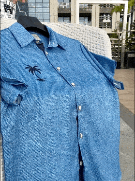 Royaura Hawaiian Blue Nature  Fiber Denim Imitation Coconut Tree Print Chest Pocket Holiday Hawaiian Shirts