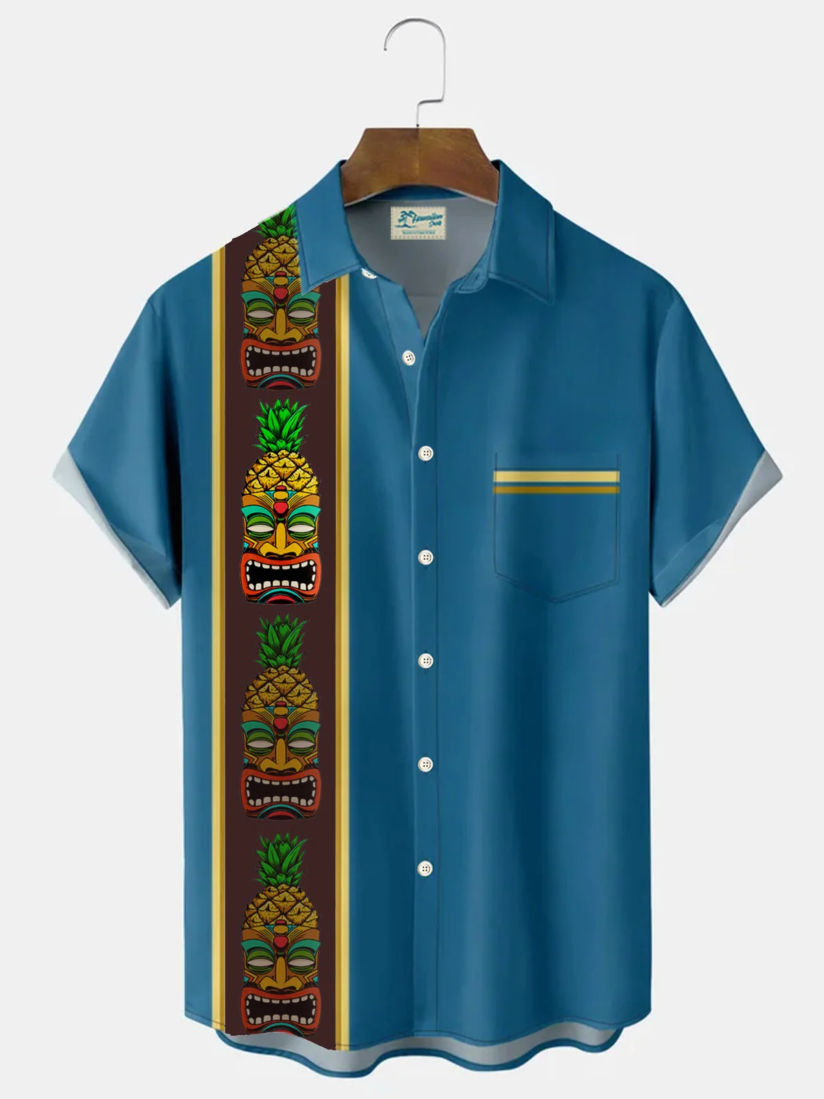 Royaura Hawaiian Pineapple Vintage Bowling Print Men's Breast Pocket Button Short Sleeve Shirt